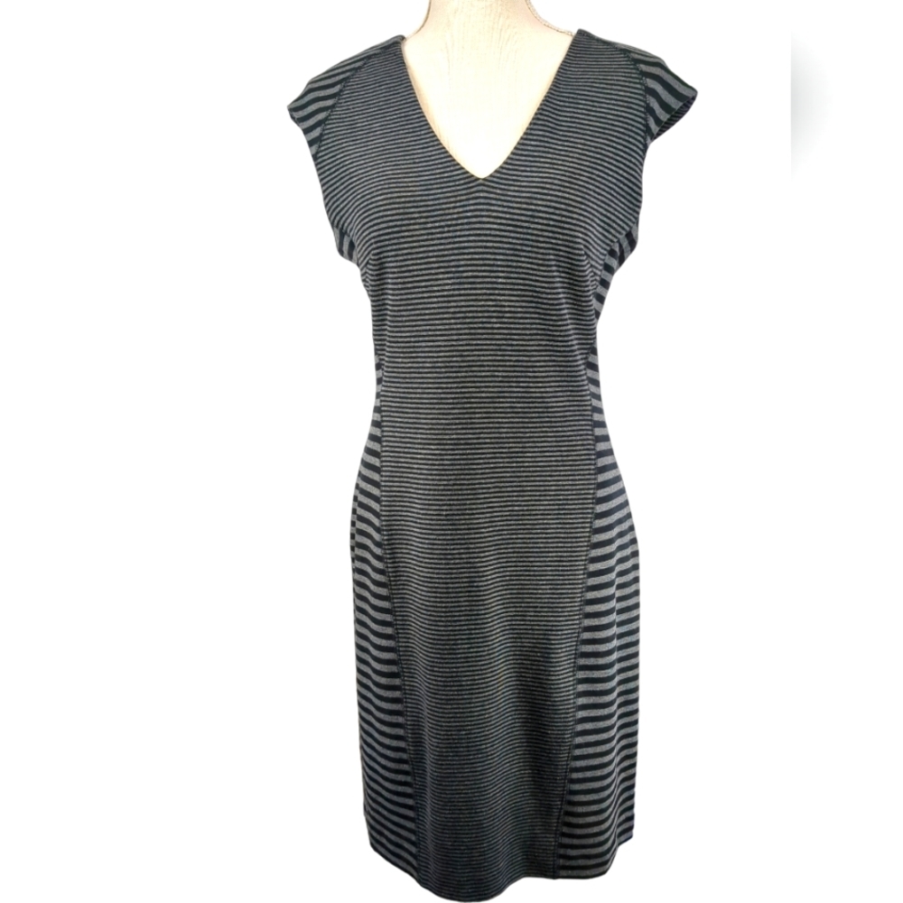 CALVIN Klein Grey Striped Midi Cap Sleeve Dress Size 12